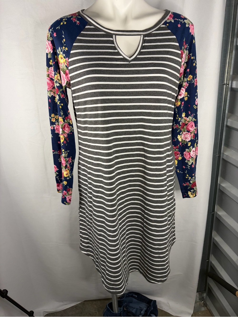 DAVI & DANI Gray Striped Dress with Navy Floral Raglan Sleeves